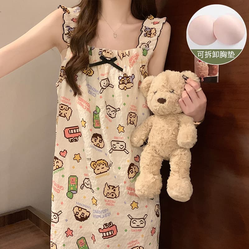 Women's Padded Nightdress, Summer Thin Sleeveless Japanese Style Cute Sweet Camisole Mid-Length Jumpsuit Loungewear