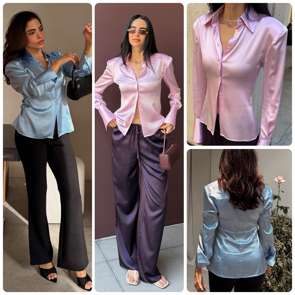 Satin lapel fitted long-sleeve shirt, early autumn glossy single-breasted cardigan blouse, slim elegant satin top