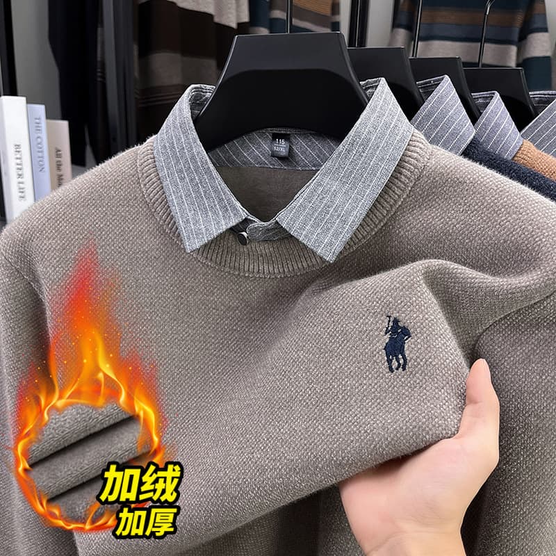 Fleece-Lined Thick One-Piece Sweater Cross-Border Men's Two-Piece Warm Knit Winter New Long Sleeve Base Top