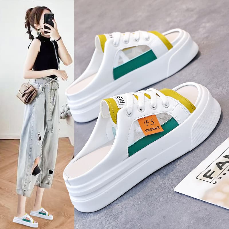 Women's Casual Slippers 2024 New Style Thick Bottom Increased Height Half Drag White Shoes Summer Outerwear Rubber Outsole