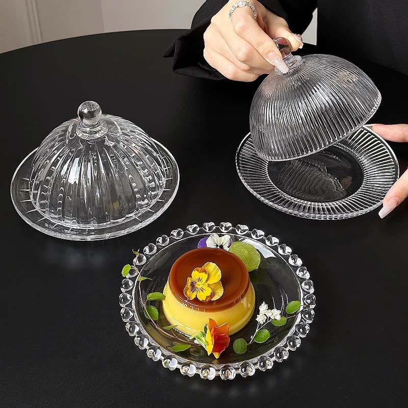 Japanese Ins Mini Striped Dessert Plate Set with Glass Dome Lid, Snack and Tea Plate