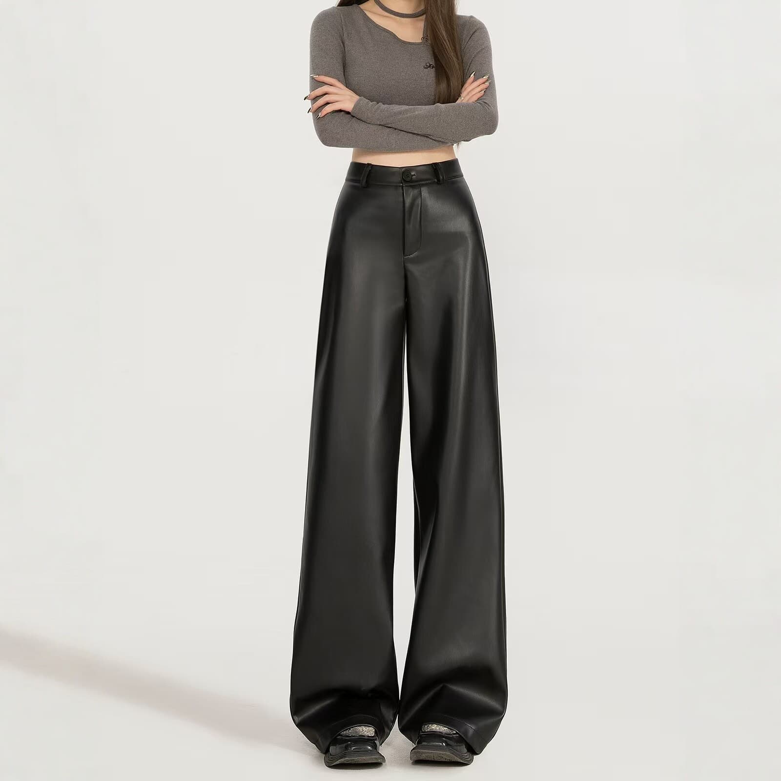 High-Waist Drapey PU Leather Wide-Leg Pants for Women, New Autumn/Winter Loose Straight Floor-Length Casual Pants, Slimming Black Trousers