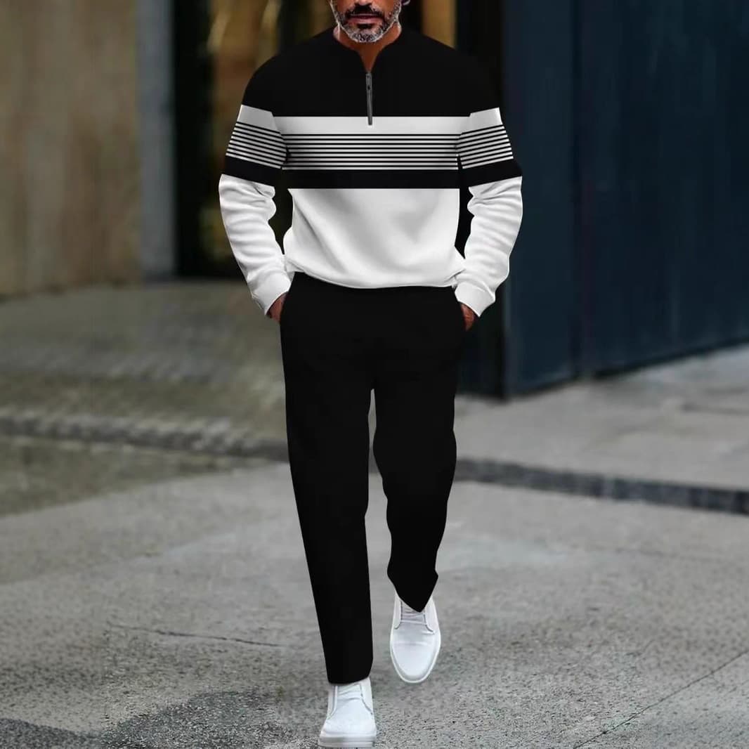 New 2025 European and American Amazon Half-Open Placket Zipper Pullover Casual Fashion Men's Long-Sleeved Trousers Suit