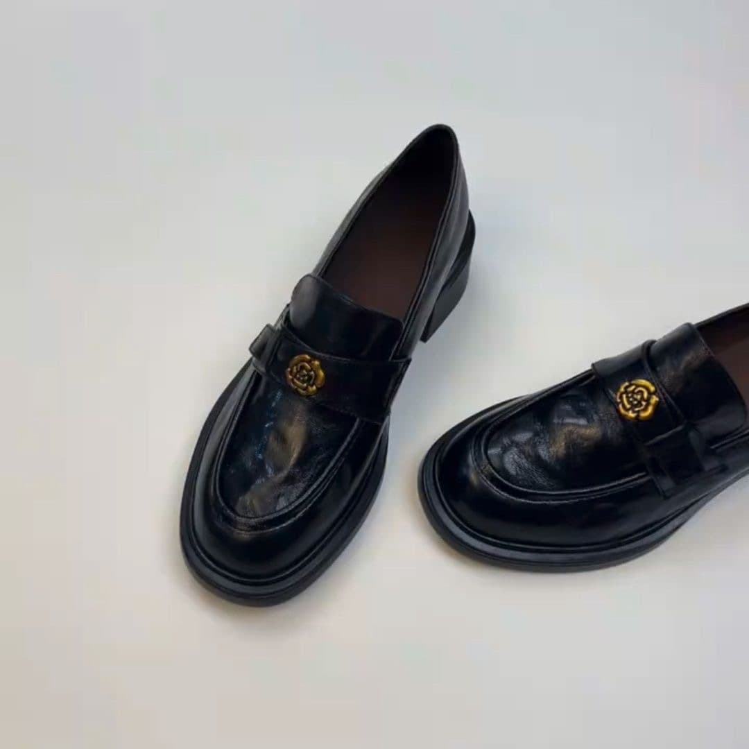 Thick Chunky Heel Loafers for Women, Pair with Skirts, Leather Shoes, Commuter Black Work Shoes, British Style Women's Genuine Leather Shoes for Skirts