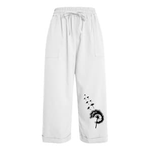 2024 WISH Amazon Latest Fashion One Dandelion Heat Transfer Print Double Pocket Drawstring Capri Pants Women