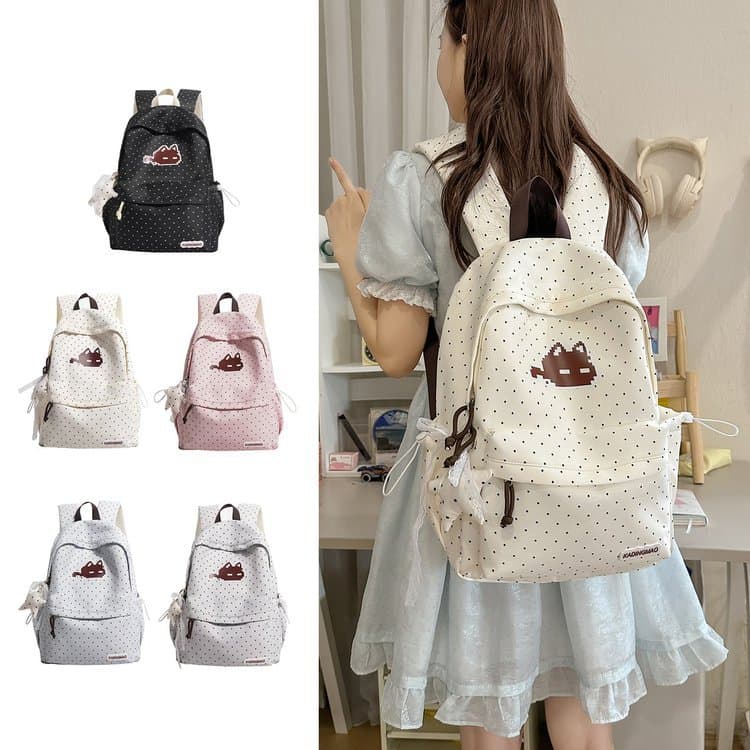 Girls Casual Backpack Polka Dot Cat Double Shoulder Bag Middle School Student Large Capacity Lightweight Schoolbag Cute Backpack
