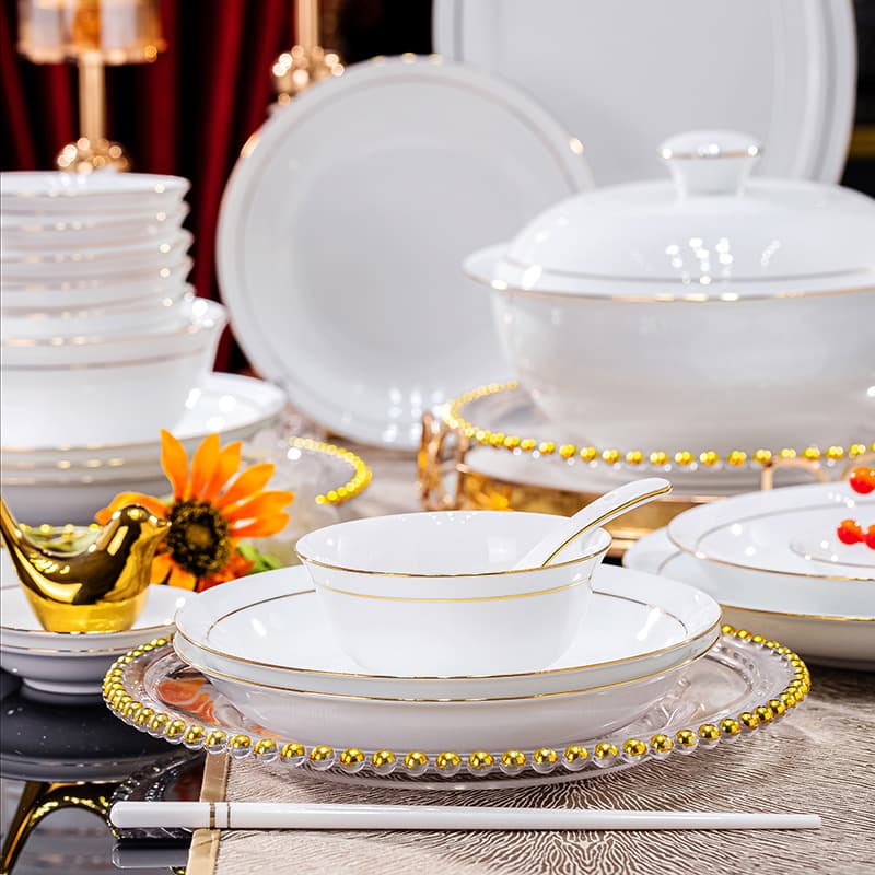Jingdezhen white porcelain tableware, gold-rimmed tall rice bowl, dish plate, anti-scalding ceramic bowl, noodles, household rice bowl combination wholesale