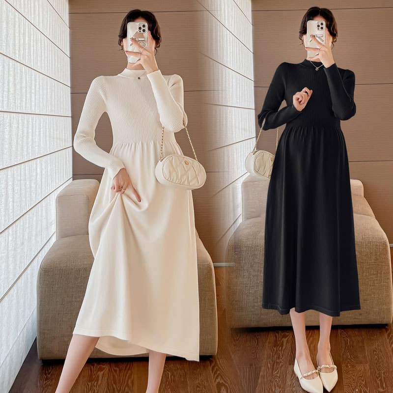 2025 New Maternity Fall Winter Knitted Thick Sweater Loose Slimming Elegant Simple Solid Color Maternity Dress