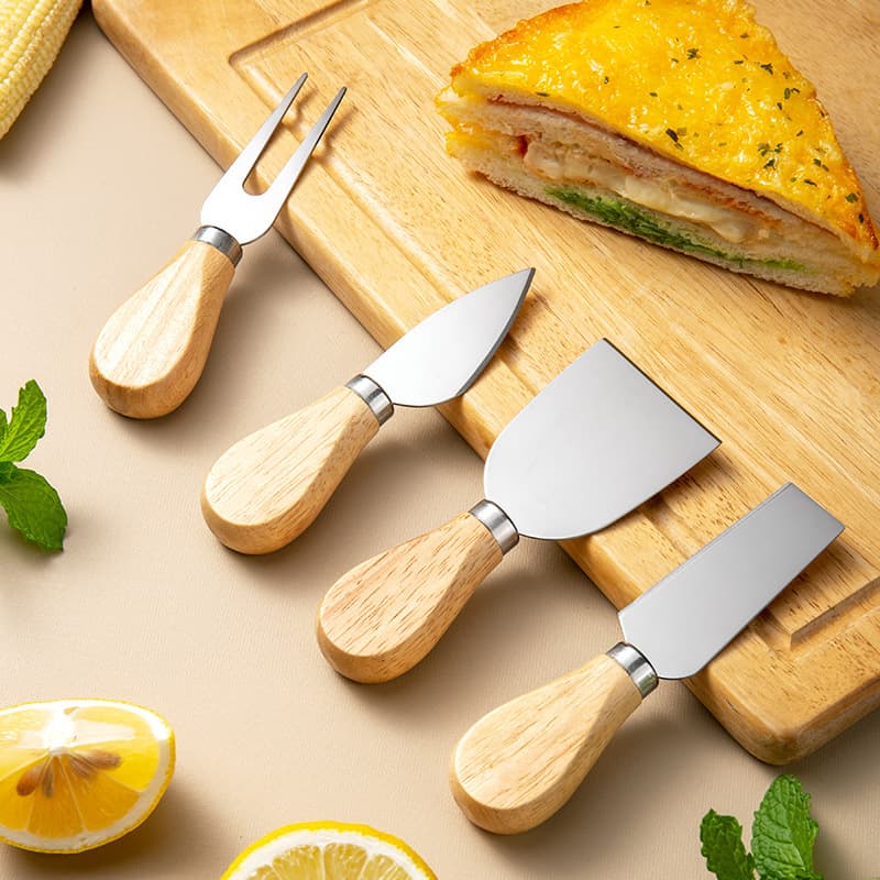 Stainless Steel Cheese Knife 4-Piece Set with Rubber Wood Handle, Butter Knife, Pizza Cheese Knife, Fork, Spatula Cheese Knife Set