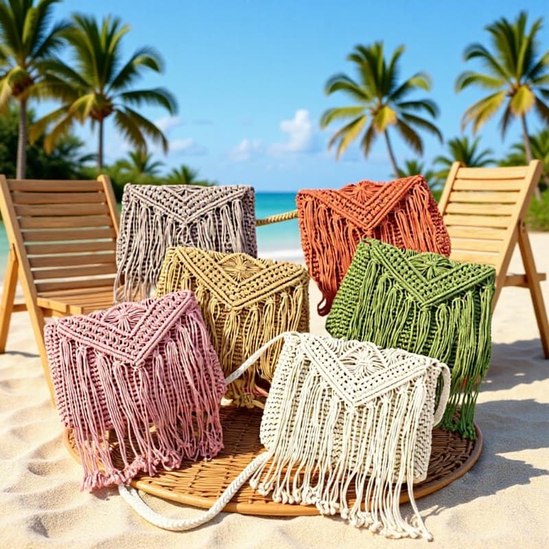 New Cotton Rope Hand-Tied Straw Bag Ethnic Tassel Flip Cross-Body Woven Bag Fashionable Casual Women's Bag Beach Bag