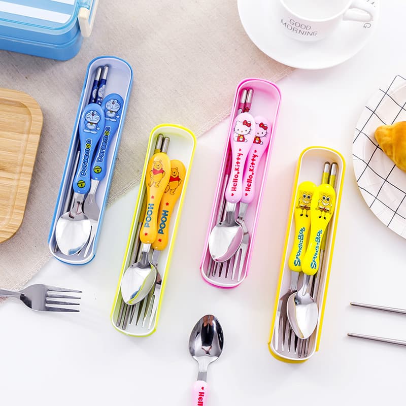 Cute cartoon fork, spoon, and chopsticks three-piece set, household stainless steel and plastic handle children's gourd spoon set