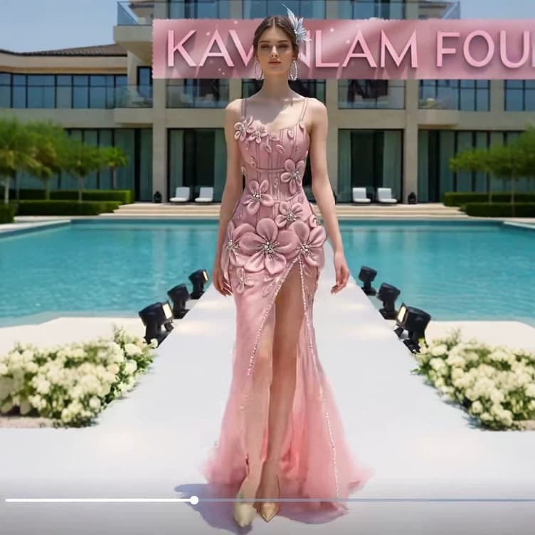 Heavy Craft Evening Gown with 3D Applique and Beaded Pink Tulle Dress, Fitted Split Train Dress for Bride Engagement Banquet Women