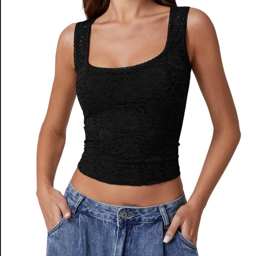 Women's Lace Trim Square Neck Sleeveless Vest Double-Layer Slim Fit Cropped Top New European and American Backless Style
