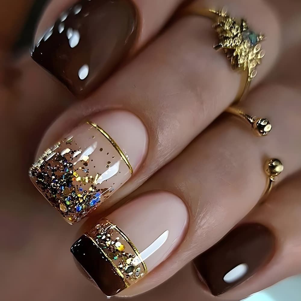 Hot-selling Press-on Nails for Export, Gold Foil Brown French Manicure Nail Stickers, Press-on False Nail Tips