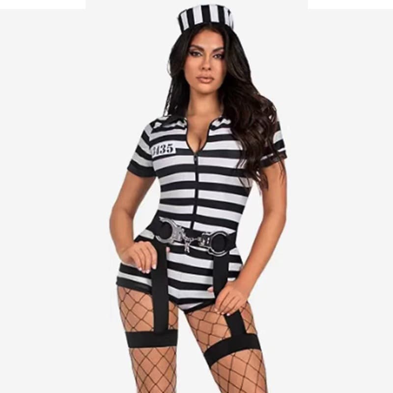 European and American Plus-Size Sexy Lingerie Black and White Striped Prisoner Uniform Halloween Cosplay Sexy Policewoman Costume