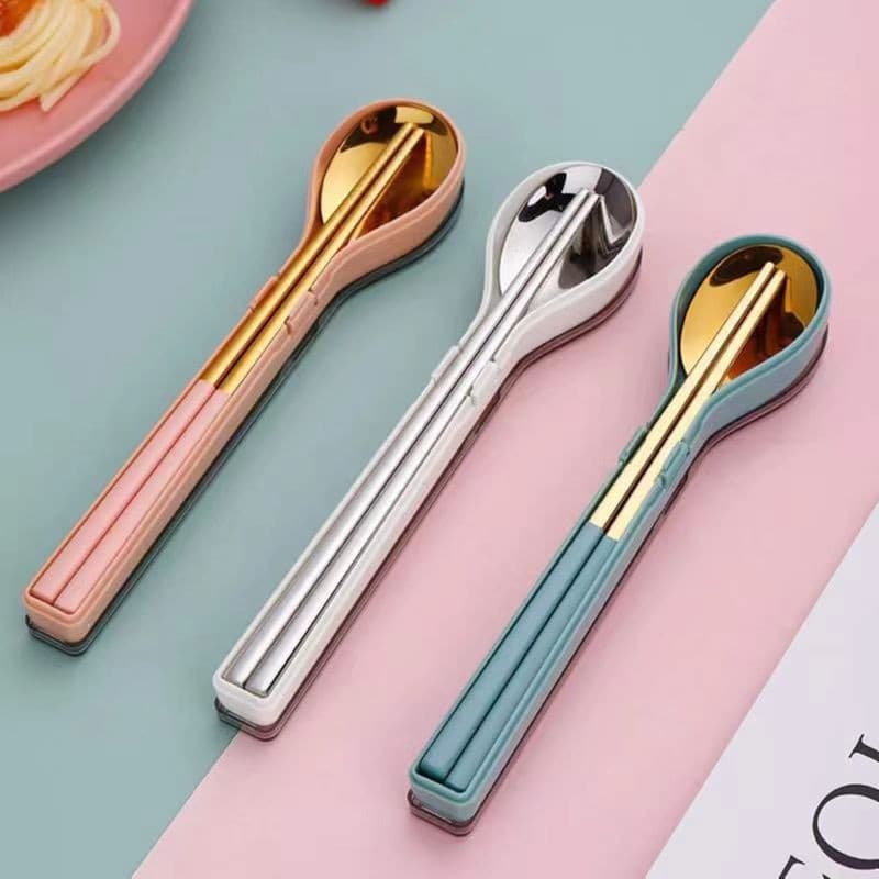 Portable tableware food grade 304 stainless steel chopsticks spoon set student three-piece storage box single pack
