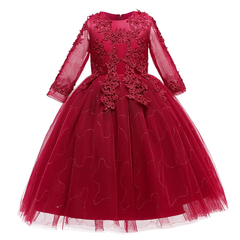 Flower Girl Dress Long Sleeve Princess Sequined Mesh Sleeve Children's Long Wedding Dress Tulle Princess Skirt for Girls
