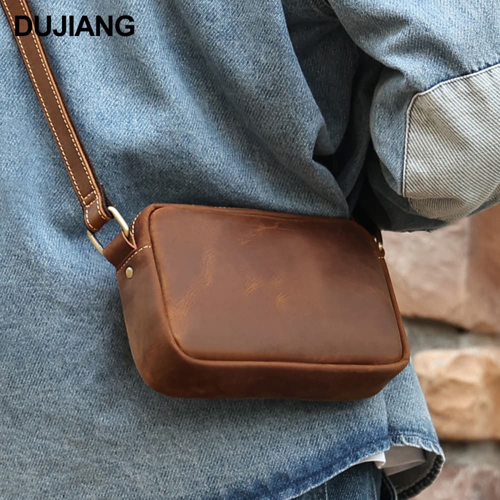 High-End Men's Crossbody Bag Vintage Full Cowhide Single Shoulder Bag Leather Retro Small Travel Bag for Daily Use