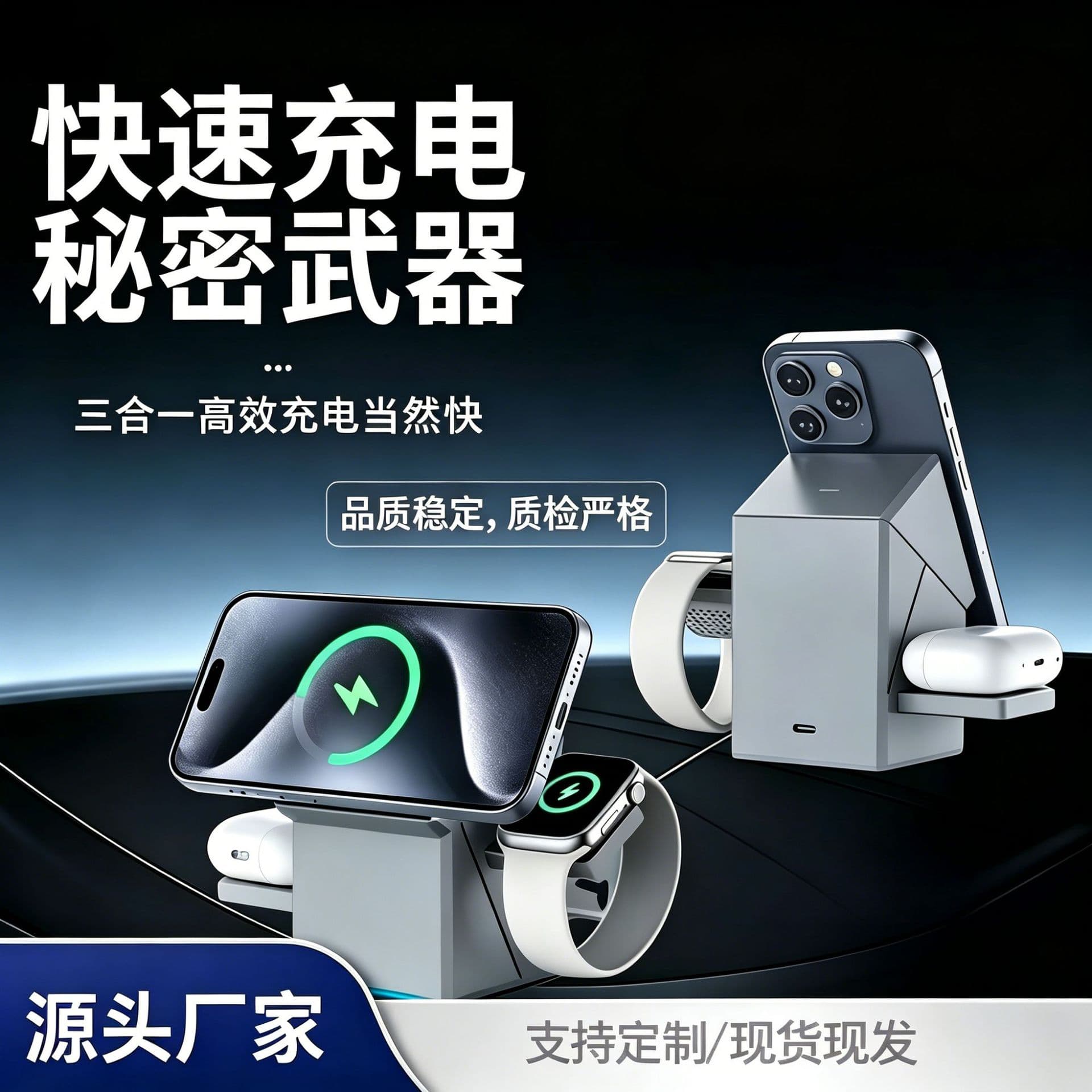 360° Rotating Three-in-One Magnetic Wireless Charger 15W Fast Charging Source Factory Direct Delivery Cross-Border Certification