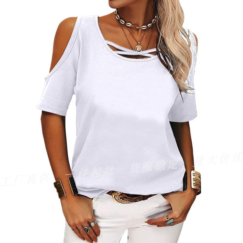 2025 Spring Summer Casual Fashion Women's Clothing European American Cross-Border Amazon Wish Solid Color Off-Shoulder Loose Short-Sleeve T-Shirt for Women