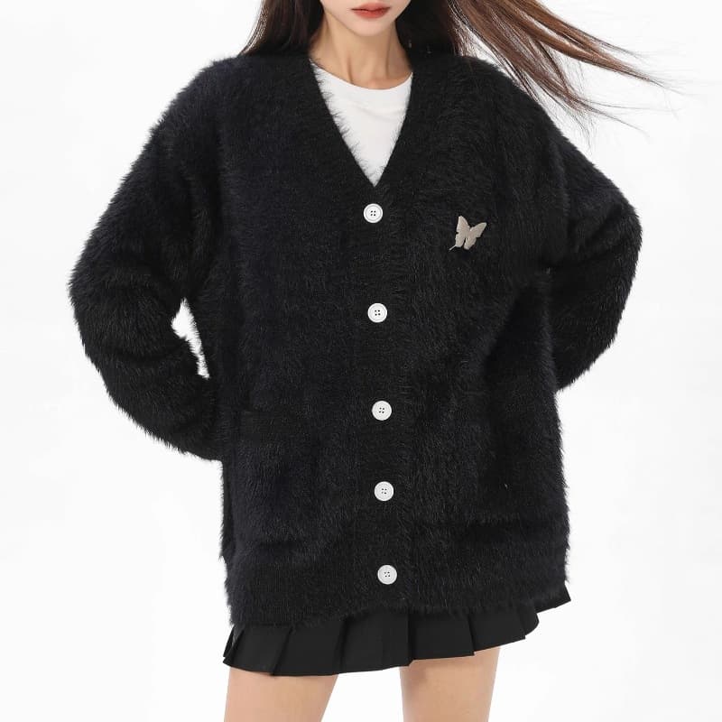 Black V-Neck Mink Velvet Sweater Jacket for Women in Autumn and Winter New Style Soft and Waxy Lazy Style Soft and Waxy Knitted Cardigan Top