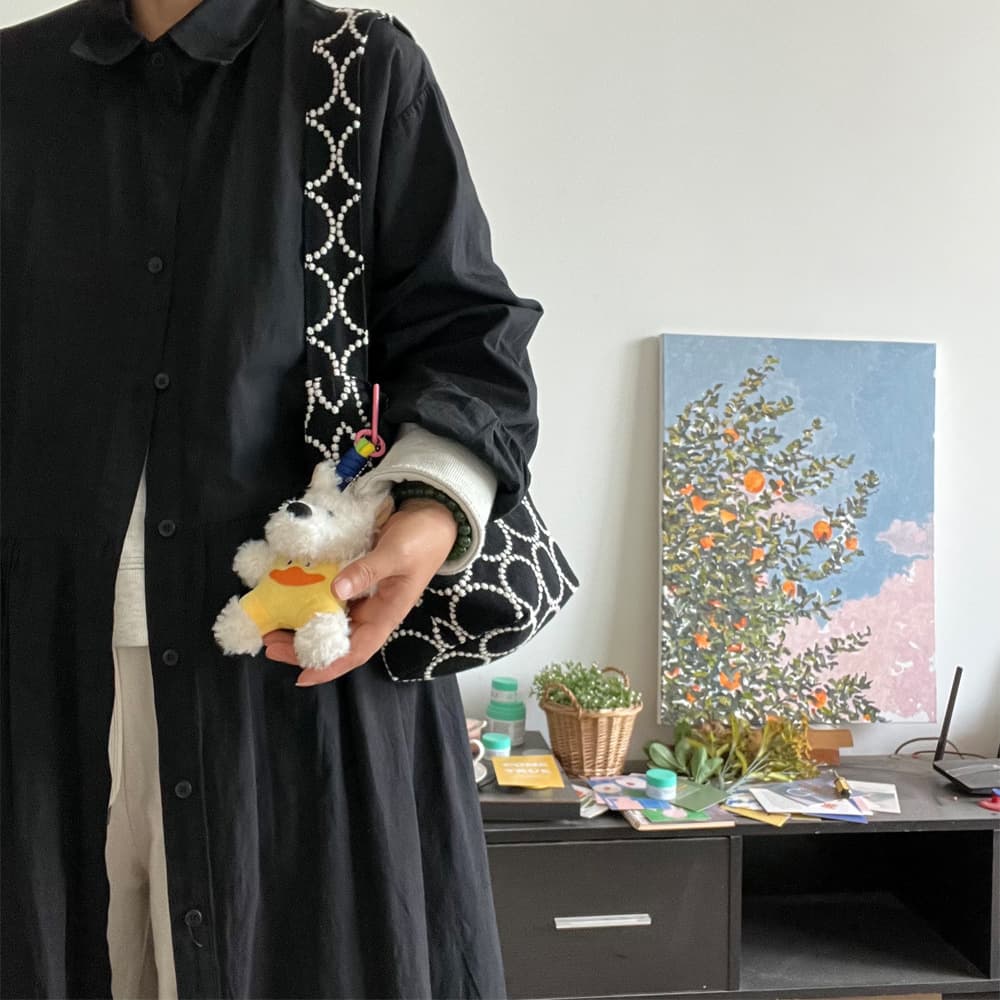 Japanese Hobo Minagawa-style Black and White Circle Cotton-Linen Heavy Embroidery Shoulder Bag Handbag Mini Underarm Bag