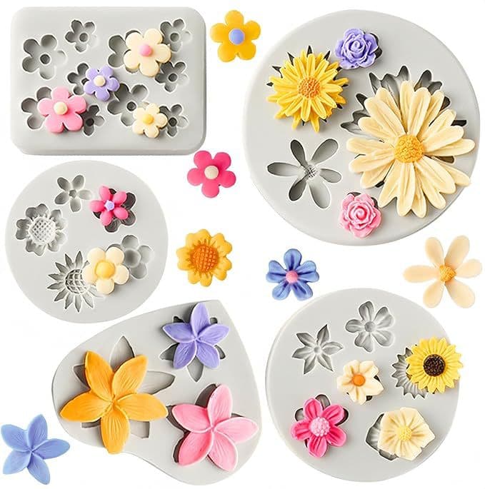 5 PCS Silicone Flower Molds, Non-Stick Daisy Sunflower Fondant Chocolate Molds for Dessert Cake Decoration,