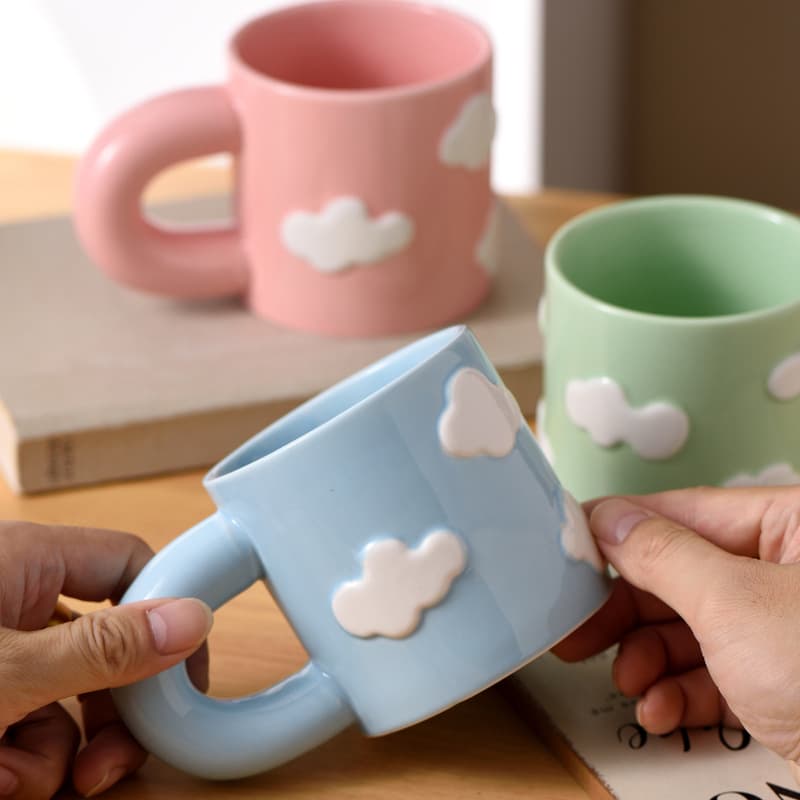 Macaron color three-dimensional clouds with fat handle ceramic mug, cute girly heart home coffee mug, souvenir