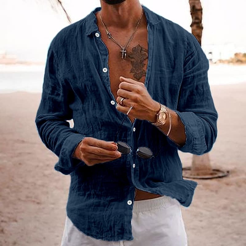 Cotton Linen New Men's Long Sleeve Shirt Solid Color Lapel Casual Style Shirt