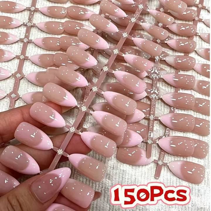 French Pink Edge Almond Press-On Nails Nude Pink Gradient Gentle False Nails Simple Solid Color Finished Nail Tips Wholesale