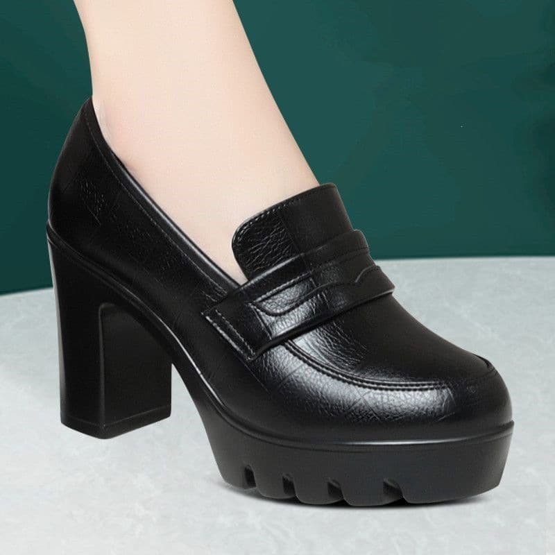 Waterproof Chunky Heel Shoes for Middle-aged and Elderly Qipao Model Catwalk, Thick-soled Soft Leather Round-toe Flats