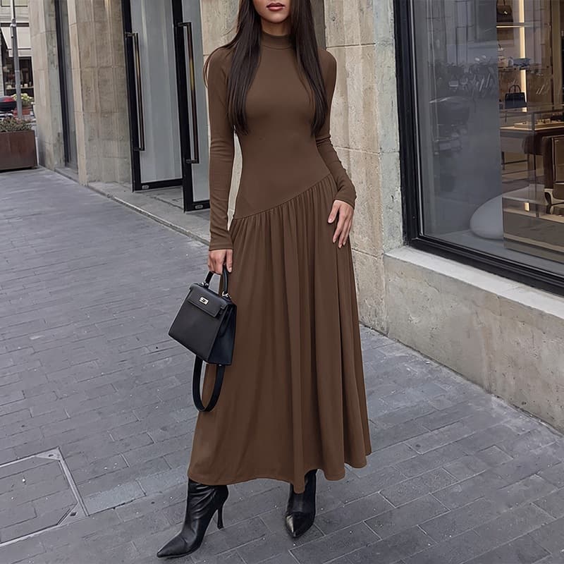 Cross-border Europe and America Slim Knit Long Skirt 2026 Autumn/Winter New Half Turtleneck Long Sleeve Irregular Pleated Dress