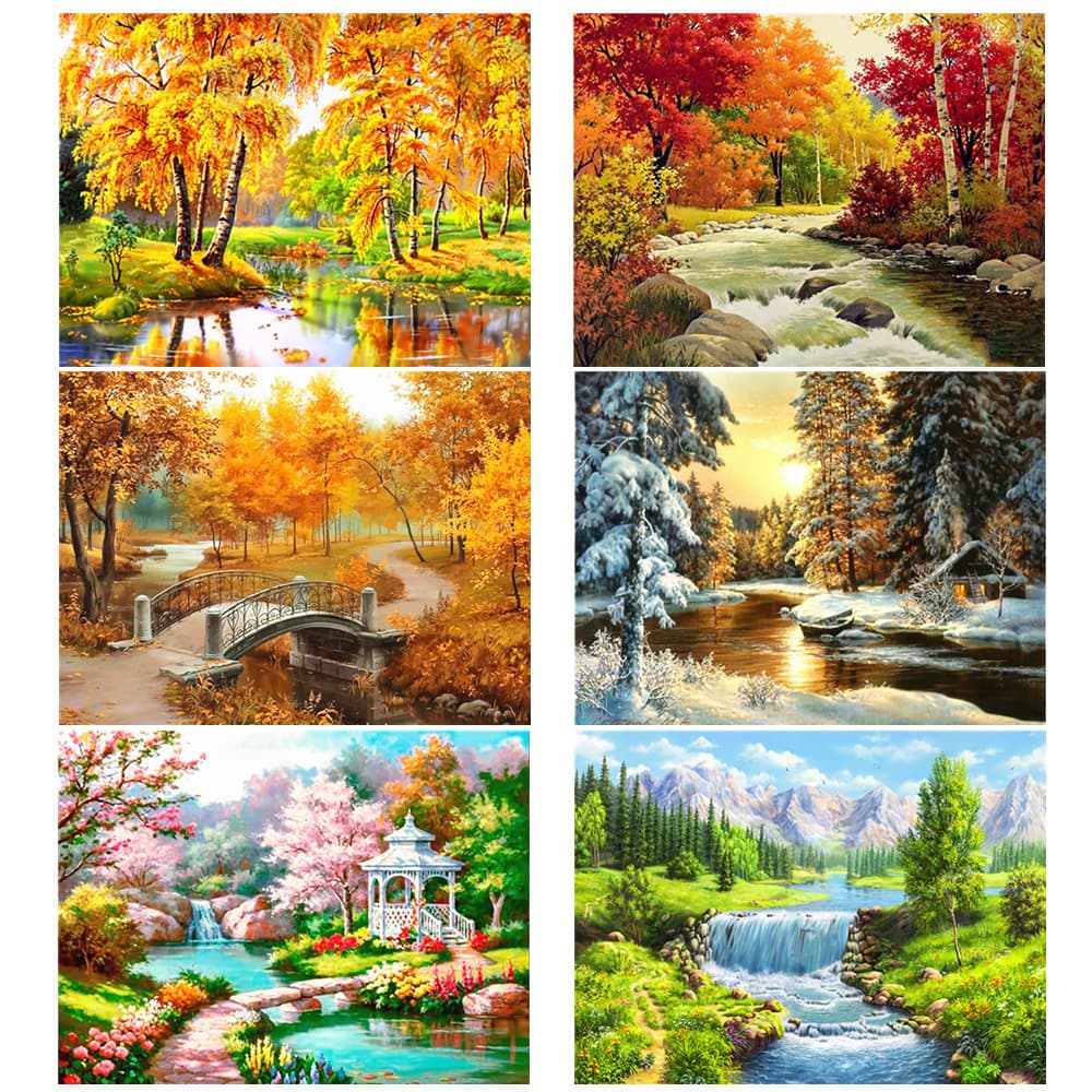 Cross-border DIY Cross Stitch Full Diamond Forest Trees Point Drill Diamond Painting 5D Diamond Painting Natural Landscape Set