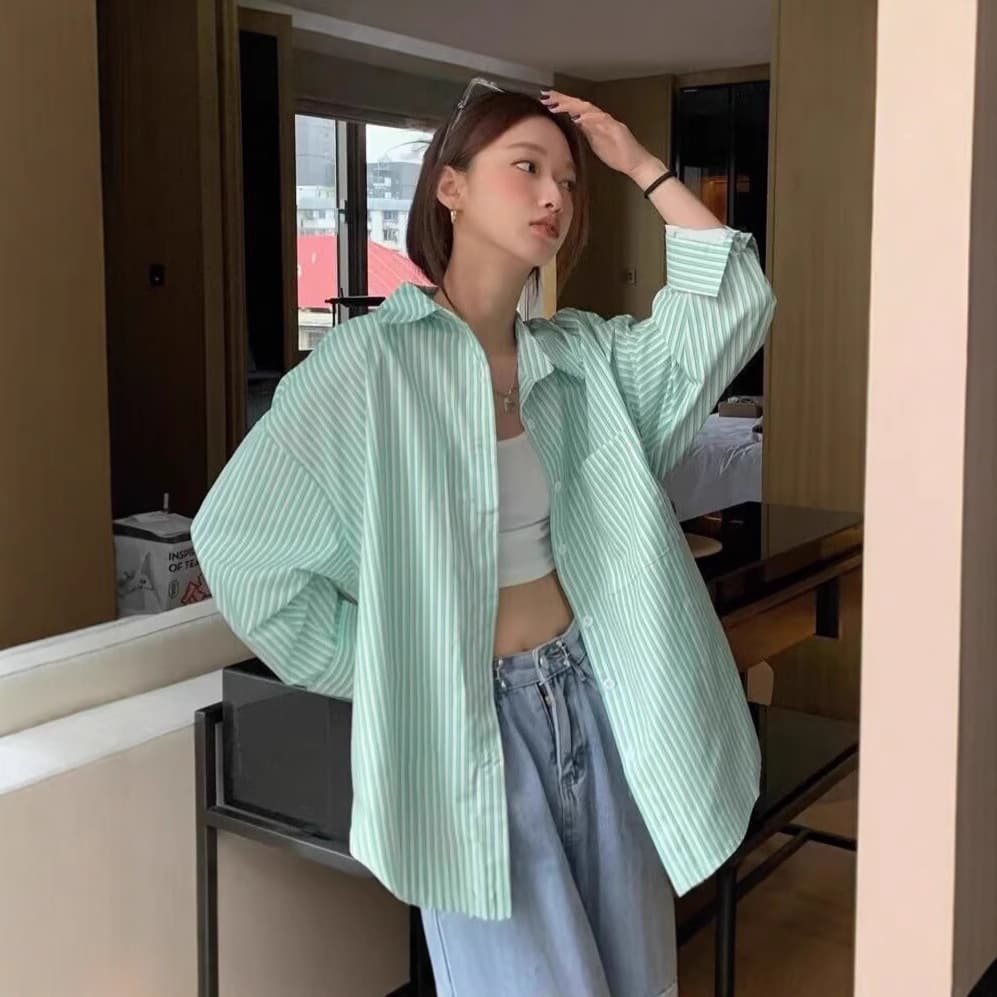 Women's Polo Collar Stripe Loose Long Sleeve Shirt Outerwear Spring Summer New Style Lazy Fashion Casual Cotton Polyester