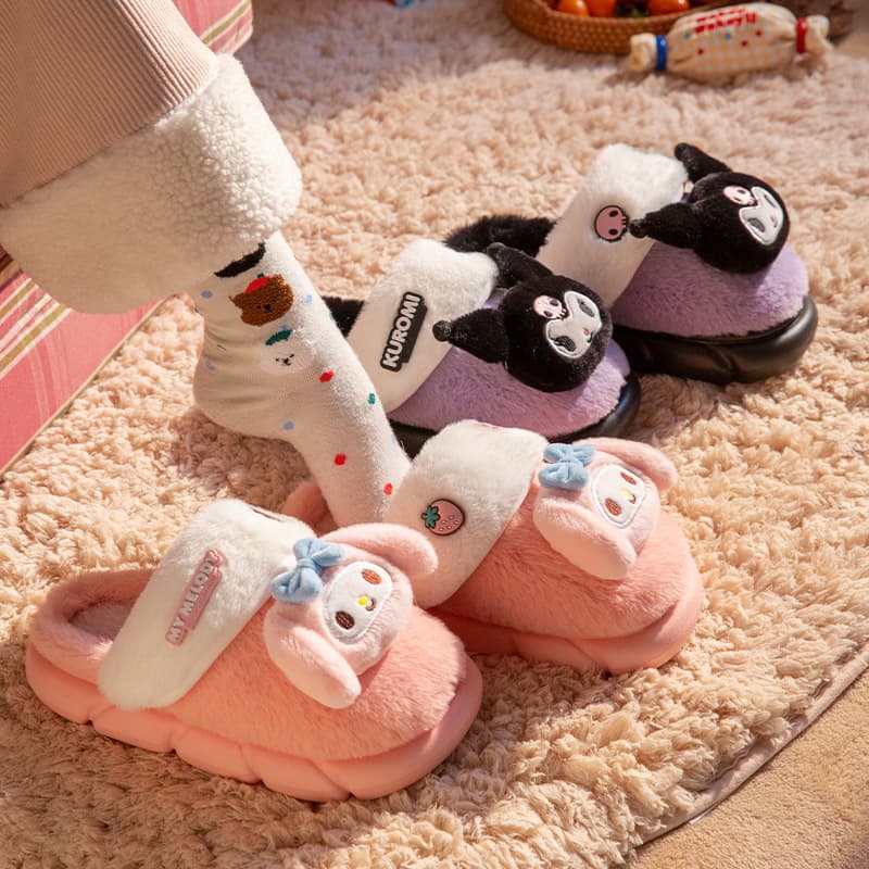 Girls' Cotton Slippers, Autumn/Winter 2025 New Style, Cute Princess Style, Non-slip and Warm, Sanrio Parent-Child Furry Slippers