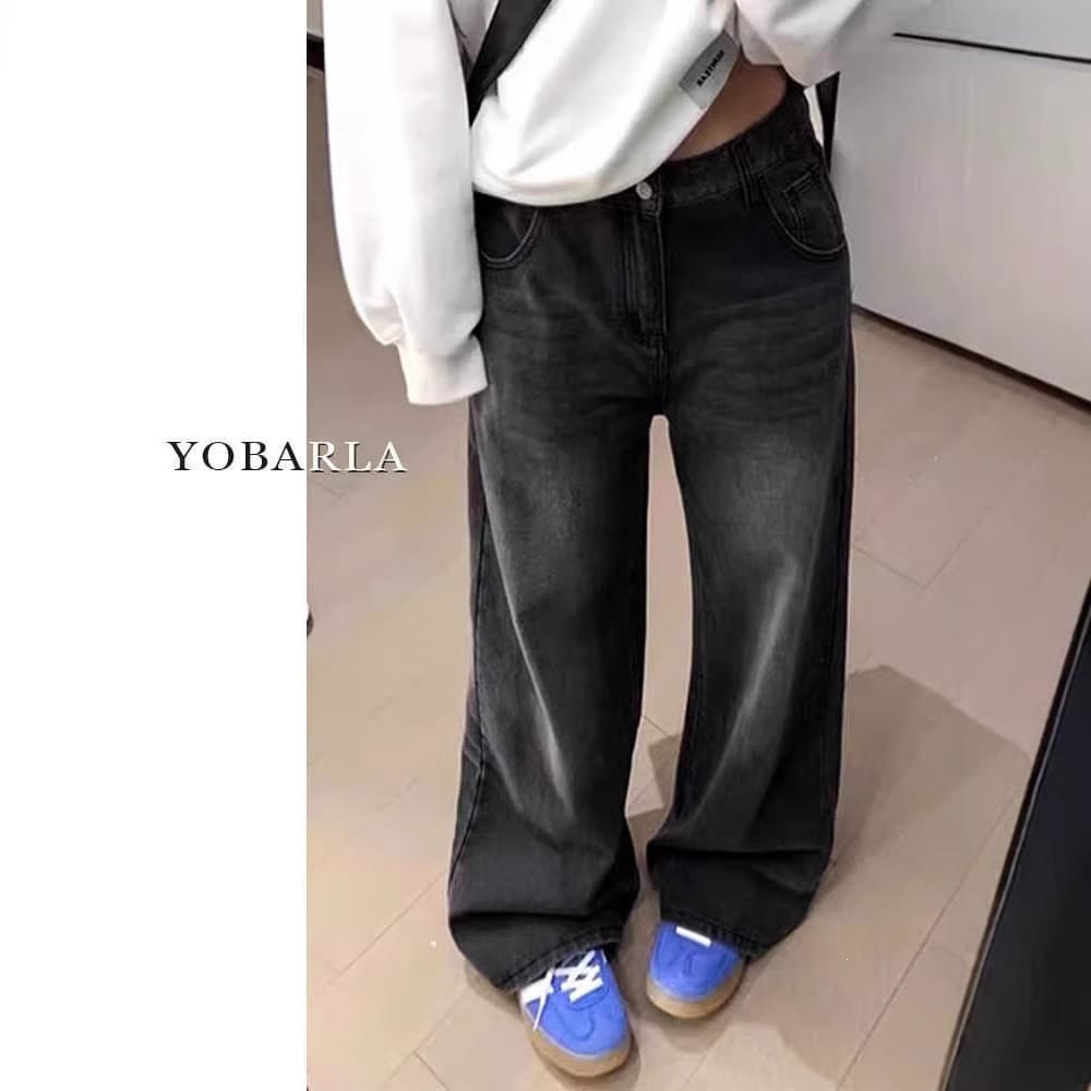 Black Gray Straight Leg Jeans for Women Spring Summer New Plus Size Loose Fit Slimming Pear Shape High Waist Wide Leg Pants