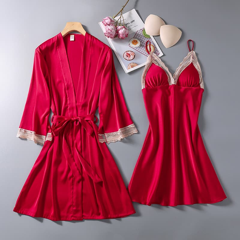 Women's Satin Chiffon Sexy Sleepwear Lace Camisole with Padded Bra Sleep Dress and Robe Two-Piece Set Trendy Pajamas