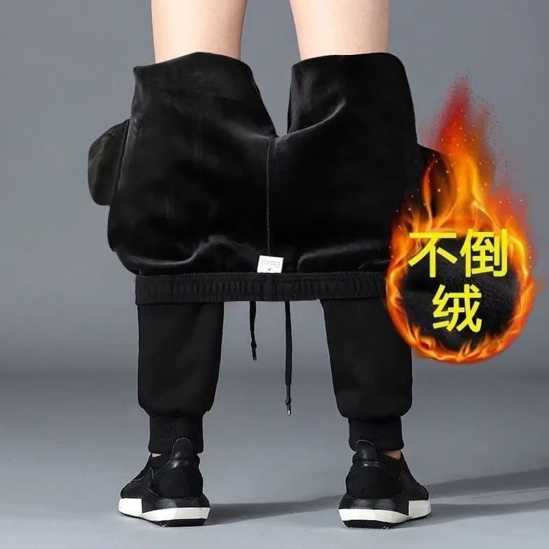 Popular style~Autumn and winter thickened pants men's trendy plus velvet warm casual casual leggings sweatpants black regular