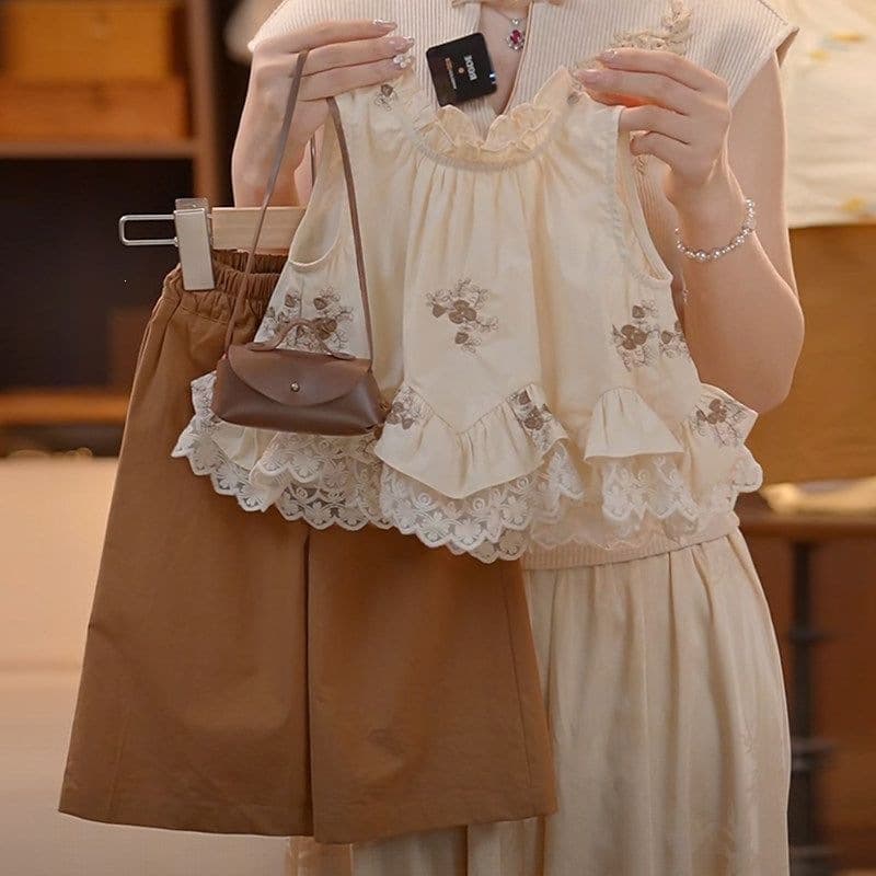 Girls Summer Sweet Lace Sleeveless Tops Wide Leg Pants Two-piece Set New Girls Korean Style Western Suit
