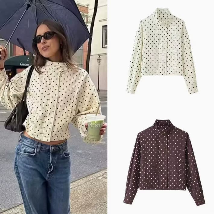 Cross-border European and American clothing AliExpress hot-selling polka dot print stand collar long-sleeved work jacket