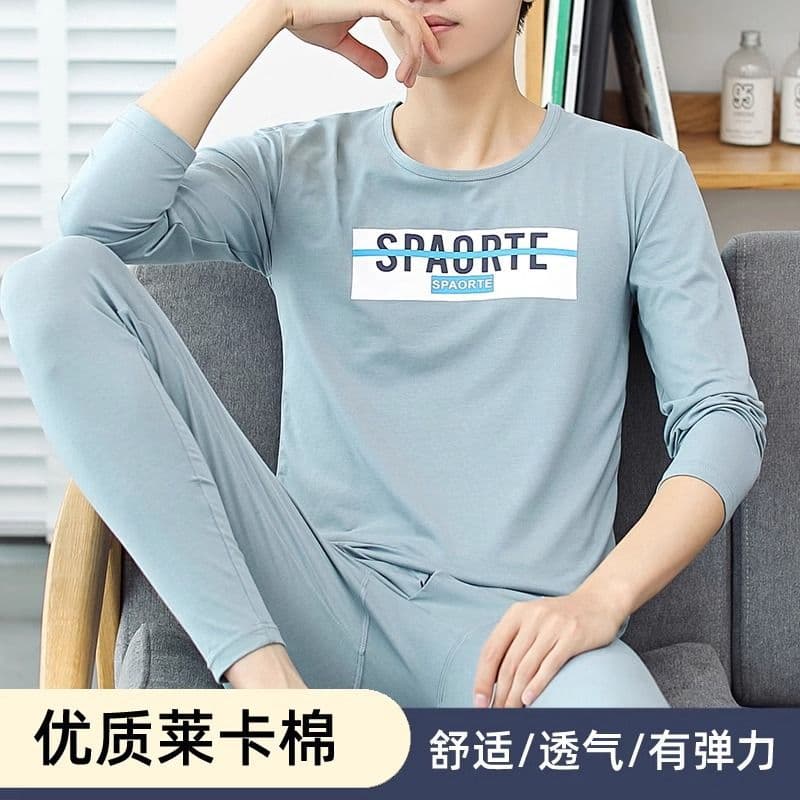 Men's Pure Cotton Thermal Underwear Set, Youth Long Johns, Thin Cotton Fleece, 100% Cotton Warm Underwear