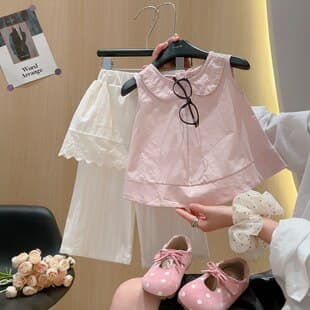 Fresh Sweet Girls Summer Two-Piece Set Doll Blouse Wide Leg Pants Fashionable Cute Gentle Set 26253