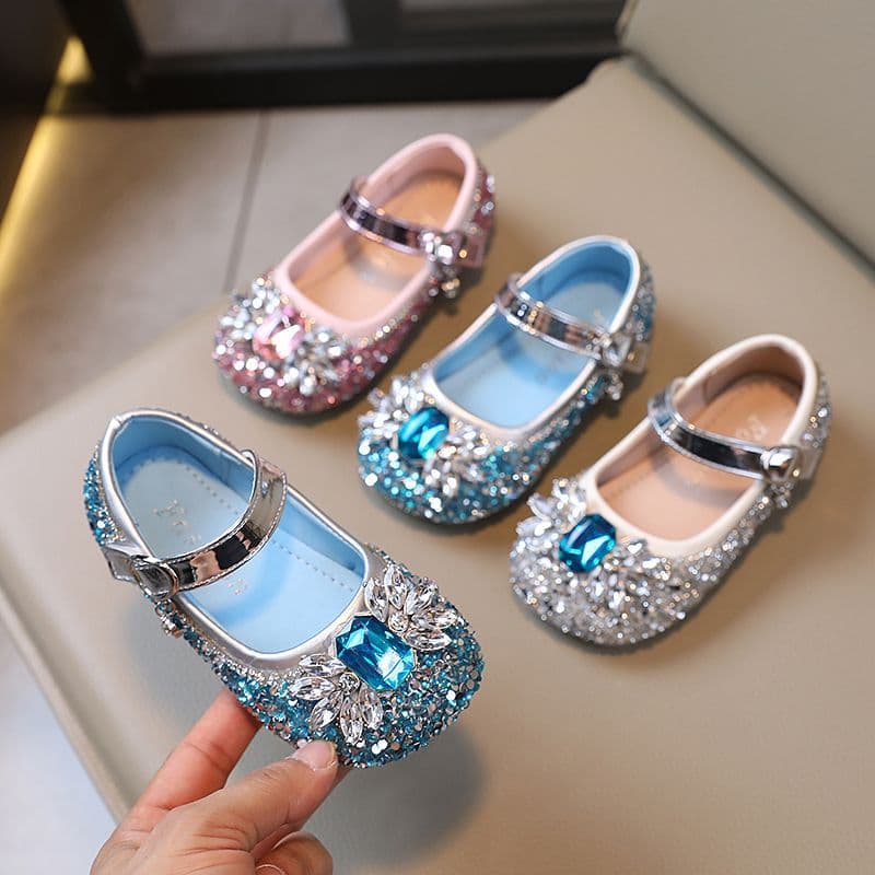 Girls' Princess Shoes 2024 Spring/Autumn New Rhinestone Fashion Bow Baby Girls' Crystal Shoes Soft-Sole Elsa Pumps