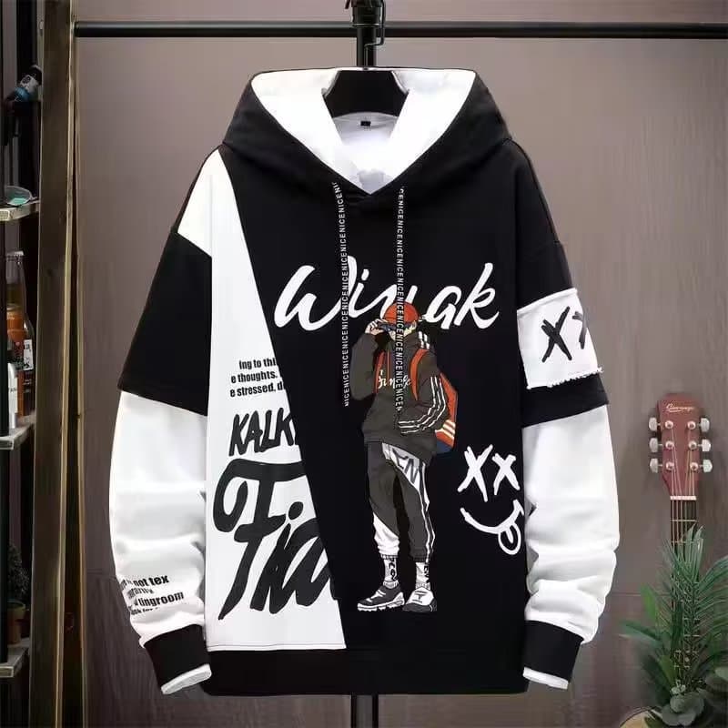 Men's Spring and Autumn Long-Sleeve Sweatshirt 2024 New Printed Panel Hoodie Student Pullover for Middle Schoolers