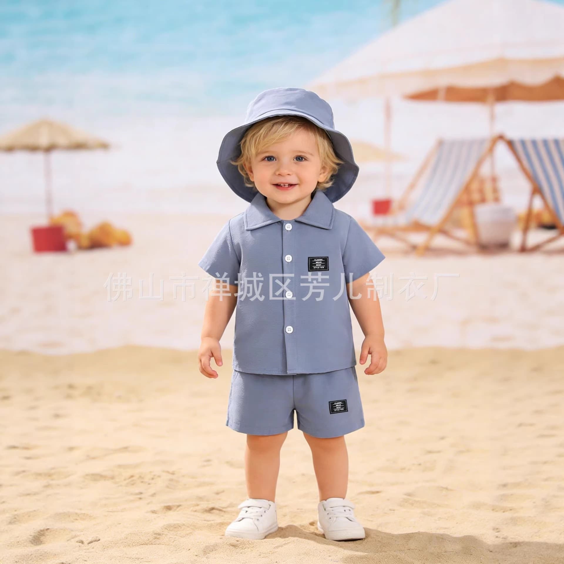 Summer Baby Boy Solid Color Comfortable Breathable Wave Stripe Fabric Casual Letter Denim Hat Three-Piece Set