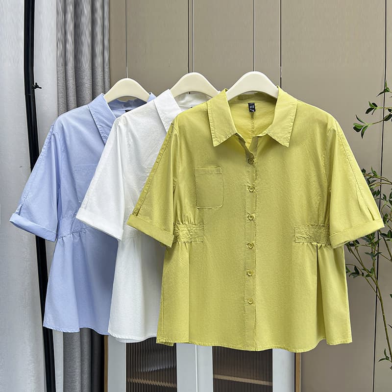 2025 Plus Size Women's Casual Blouse Summer New 200lbs Slim Fit Solid Color Short Sleeve Shirt 3404
