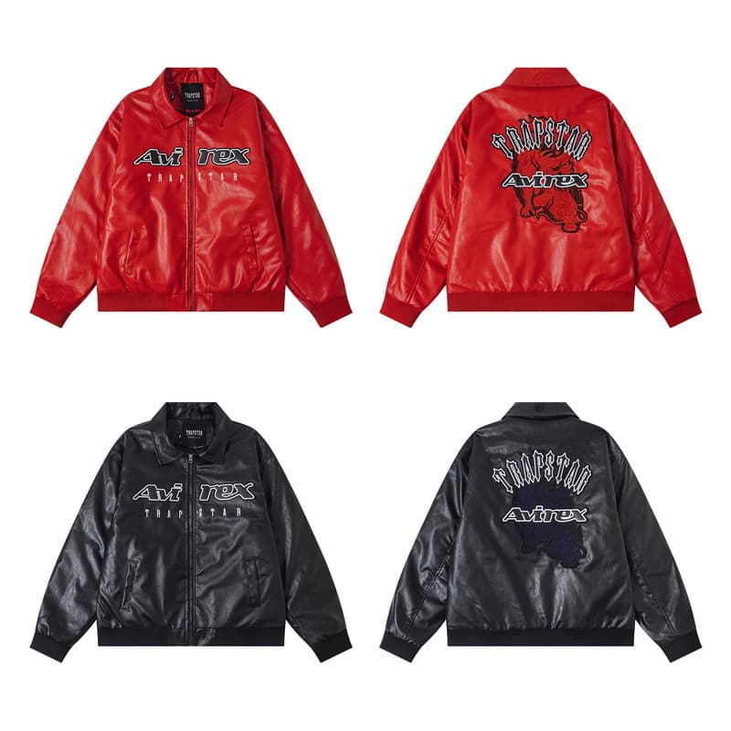 25S Cross-border European and American Trend TRA Fire Qilin Letter Embroidery Lapel Leather Jacket Men Women High Street Motorcycle Coat