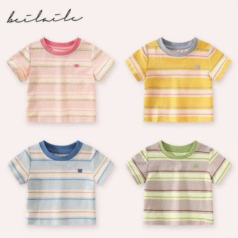Kids Cartoon Short Sleeve T-Shirt - Baby Boys and Girls Striped Tee, Summer Infant Top with Contrast Stripes