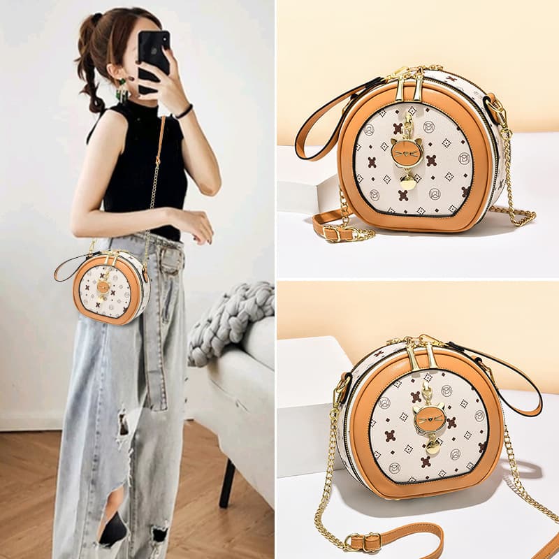 Women's Bag 2025 Summer New Trendy Simple Single Shoulder Crossbody Bag Textured Chain Small Round Clock Bag Cross-border