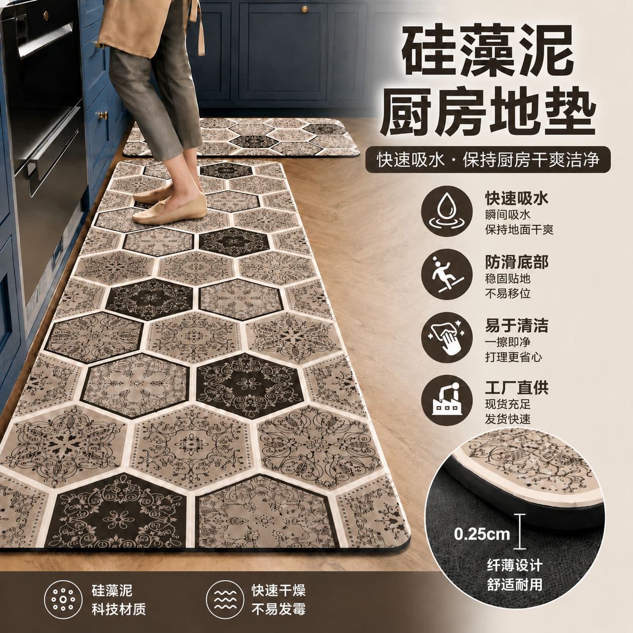 Amazon TUME Best-Selling Kitchen Floor Mat American Style Tile Pattern Non-Slip Restaurant Mat Water-Absorbent Oil-Absorbent Diatom Mud Mat